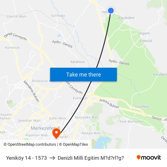 Yeniköy 14 - 1573 to Denizli Milli Egitim M?d?rl?g? map