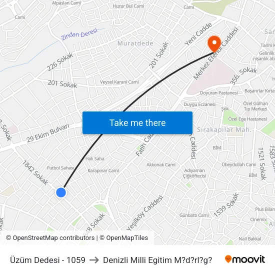 Üzüm Dedesi - 1059 to Denizli Milli Egitim M?d?rl?g? map