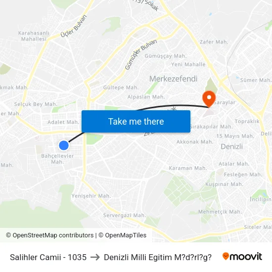 Salihler Camii - 1035 to Denizli Milli Egitim M?d?rl?g? map