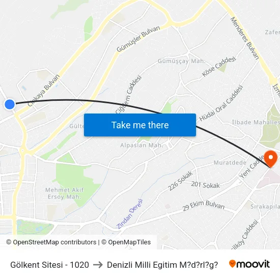 Gölkent Sitesi - 1020 to Denizli Milli Egitim M?d?rl?g? map