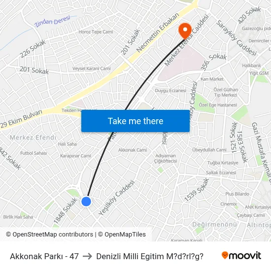 Akkonak Parkı - 47 to Denizli Milli Egitim M?d?rl?g? map
