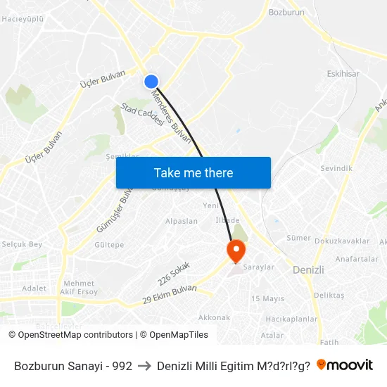 Bozburun Sanayi - 992 to Denizli Milli Egitim M?d?rl?g? map