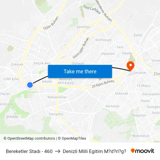 Bereketler Stadı - 460 to Denizli Milli Egitim M?d?rl?g? map