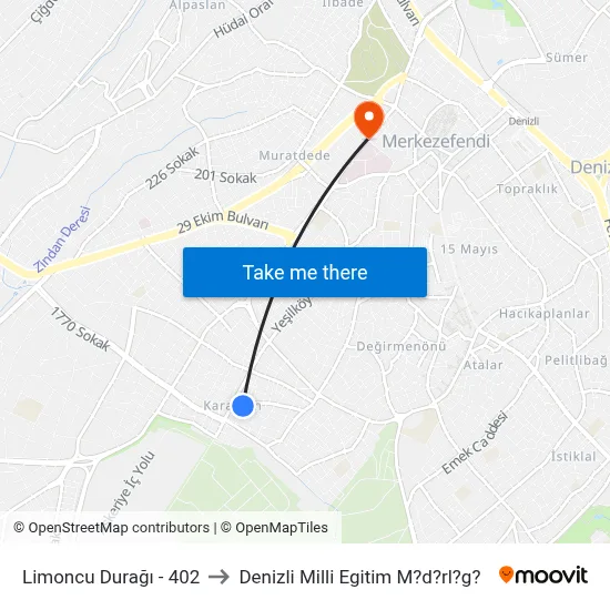 Limoncu Durağı - 402 to Denizli Milli Egitim M?d?rl?g? map