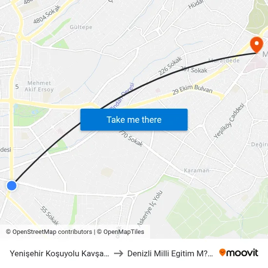 Yenişehir Koşuyolu Kavşağı - 823 to Denizli Milli Egitim M?d?rl?g? map