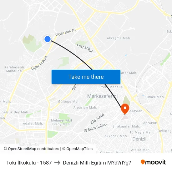 Toki İlkokulu - 1587 to Denizli Milli Egitim M?d?rl?g? map
