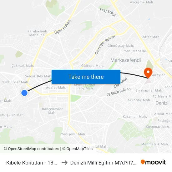 Kibele Konutları - 1355 to Denizli Milli Egitim M?d?rl?g? map