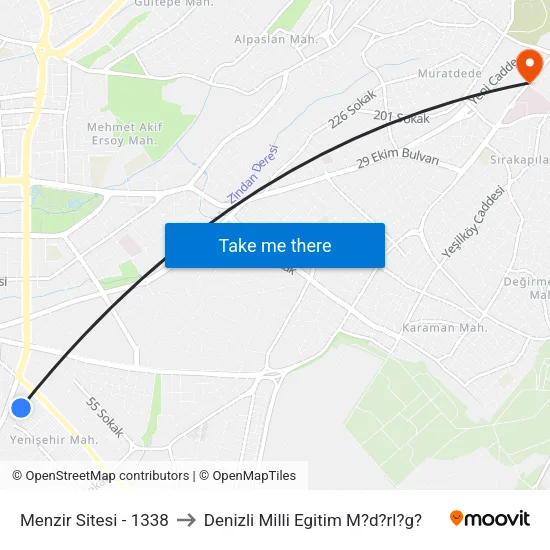 Menzir Sitesi - 1338 to Denizli Milli Egitim M?d?rl?g? map
