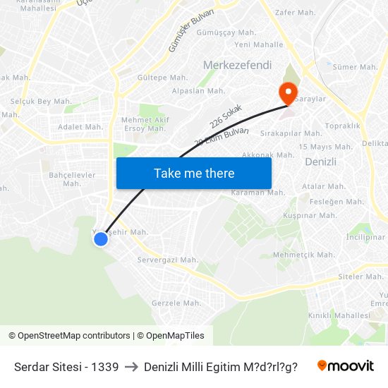 Serdar Sitesi - 1339 to Denizli Milli Egitim M?d?rl?g? map