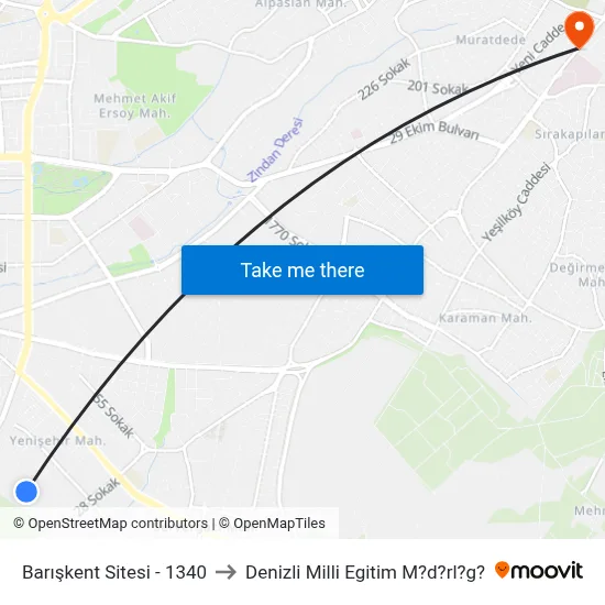 Barışkent Sitesi - 1340 to Denizli Milli Egitim M?d?rl?g? map