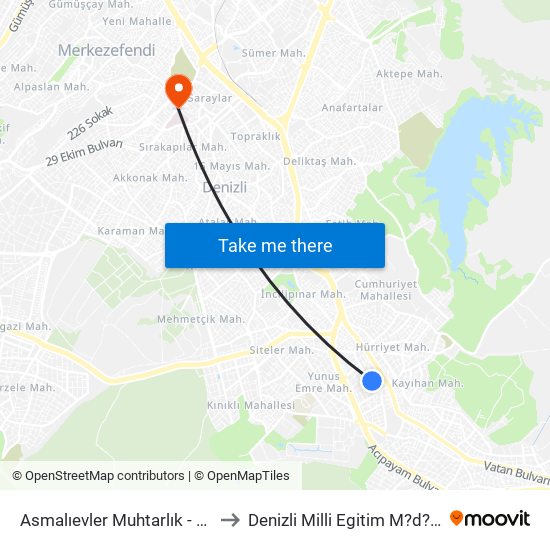 Asmalıevler Muhtarlık - 1422 to Denizli Milli Egitim M?d?rl?g? map