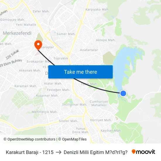 Karakurt Barajı - 1215 to Denizli Milli Egitim M?d?rl?g? map