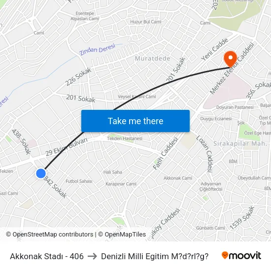 Akkonak Stadı - 406 to Denizli Milli Egitim M?d?rl?g? map