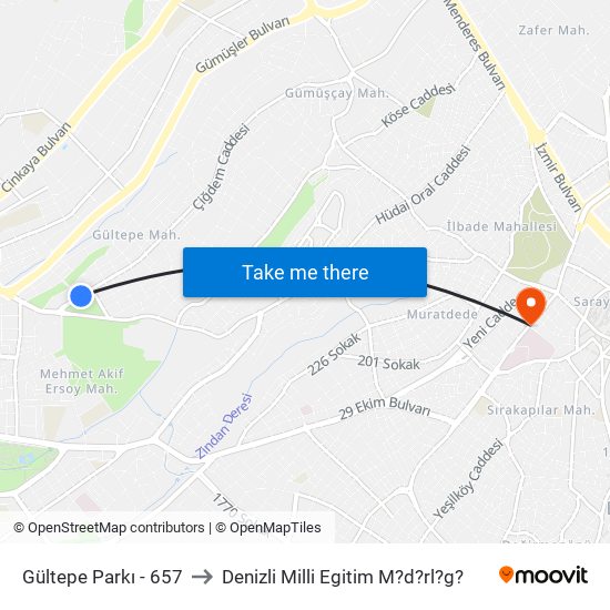 Gültepe Parkı - 657 to Denizli Milli Egitim M?d?rl?g? map