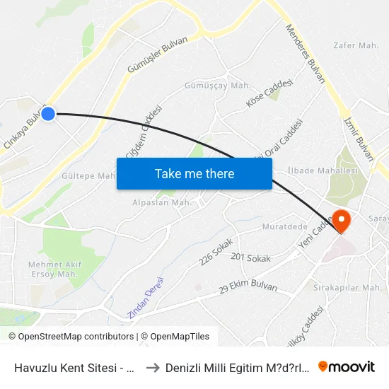 Havuzlu Kent Sitesi - 974 to Denizli Milli Egitim M?d?rl?g? map