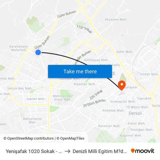 Yenişafak 1020 Sokak - 1644 to Denizli Milli Egitim M?d?rl?g? map