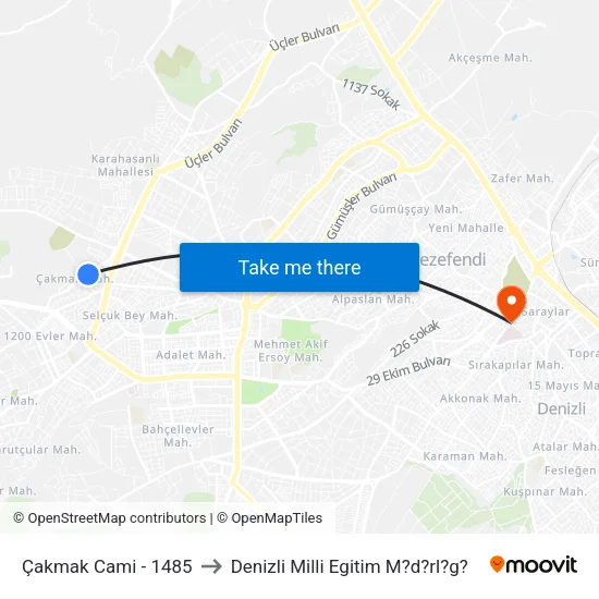Çakmak Cami - 1485 to Denizli Milli Egitim M?d?rl?g? map