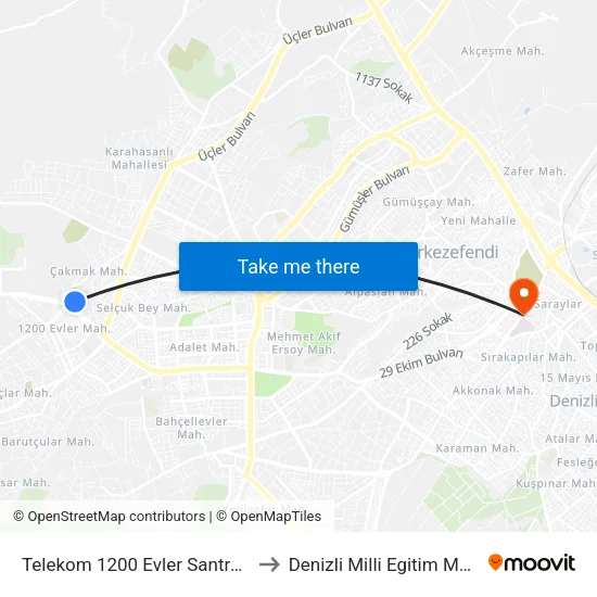 Telekom 1200 Evler Santrali - 1429 to Denizli Milli Egitim M?d?rl?g? map