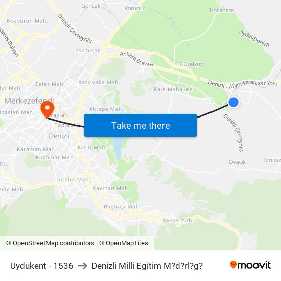 Uydukent - 1536 to Denizli Milli Egitim M?d?rl?g? map