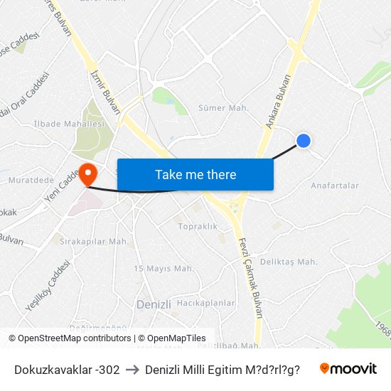 Dokuzkavaklar -302 to Denizli Milli Egitim M?d?rl?g? map