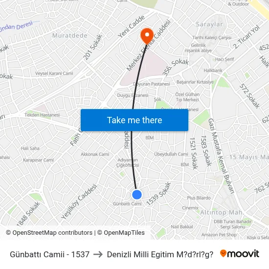 Günbattı Camii - 1537 to Denizli Milli Egitim M?d?rl?g? map
