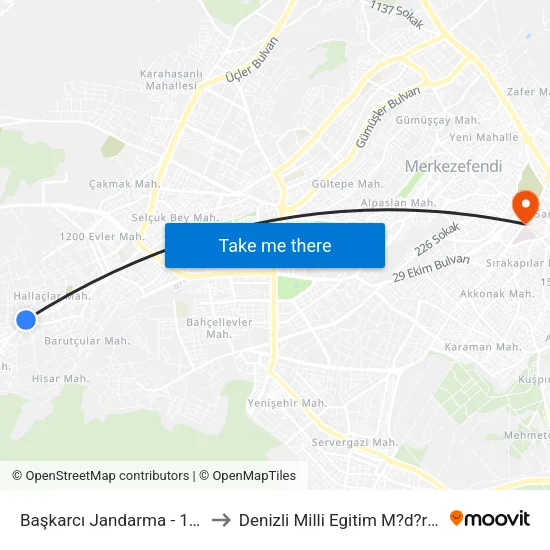 Başkarcı Jandarma - 1083 to Denizli Milli Egitim M?d?rl?g? map
