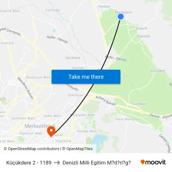 Küçükdere 2 - 1189 to Denizli Milli Egitim M?d?rl?g? map