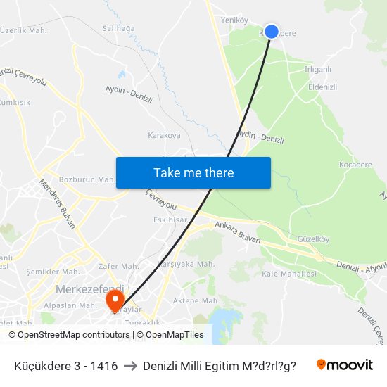 Küçükdere 3 - 1416 to Denizli Milli Egitim M?d?rl?g? map