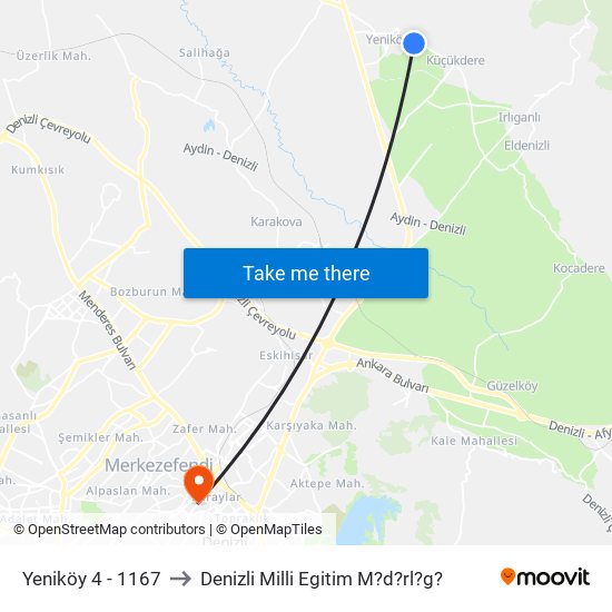 Yeniköy 4 - 1167 to Denizli Milli Egitim M?d?rl?g? map