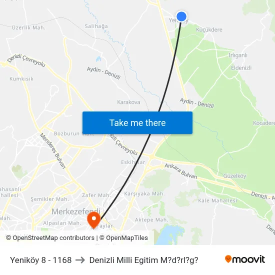 Yeniköy 8 - 1168 to Denizli Milli Egitim M?d?rl?g? map