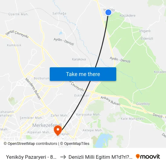 Yeniköy Pazaryeri - 841 to Denizli Milli Egitim M?d?rl?g? map
