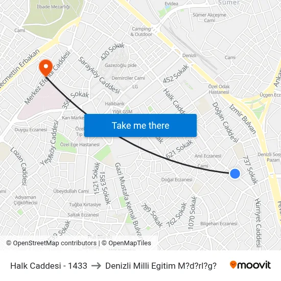 Halk Caddesi - 1433 to Denizli Milli Egitim M?d?rl?g? map