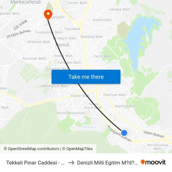 Tekkeli Pınar Caddesi - 1748 to Denizli Milli Egitim M?d?rl?g? map