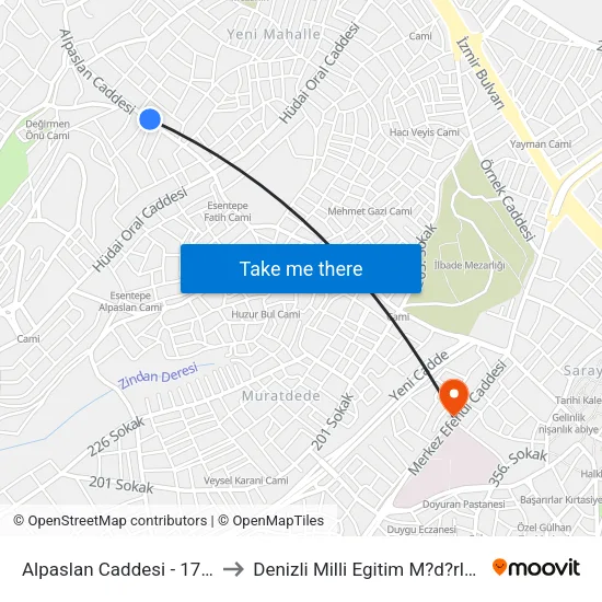 Alpaslan Caddesi - 1701 to Denizli Milli Egitim M?d?rl?g? map