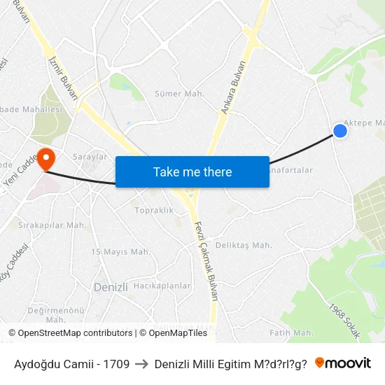 Aydoğdu Camii - 1709 to Denizli Milli Egitim M?d?rl?g? map