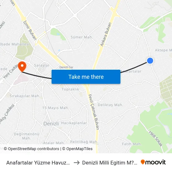 Anafartalar Yüzme Havuzu - 1163 to Denizli Milli Egitim M?d?rl?g? map
