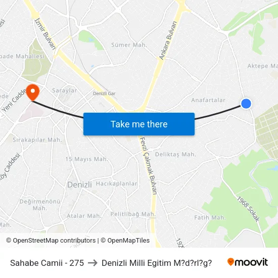 Anafartalar Yeni Camii - 275 to Denizli Milli Egitim M?d?rl?g? map