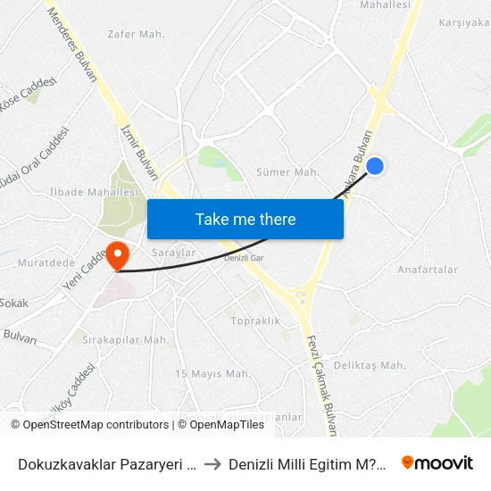 Dokuzkavaklar Pazaryeri - 1711 to Denizli Milli Egitim M?d?rl?g? map