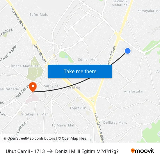 Uhut Camii - 1713 to Denizli Milli Egitim M?d?rl?g? map