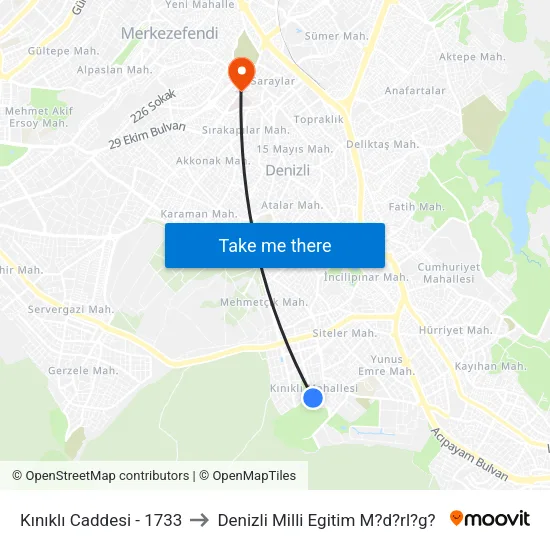 Kınıklı Caddesi - 1733 to Denizli Milli Egitim M?d?rl?g? map