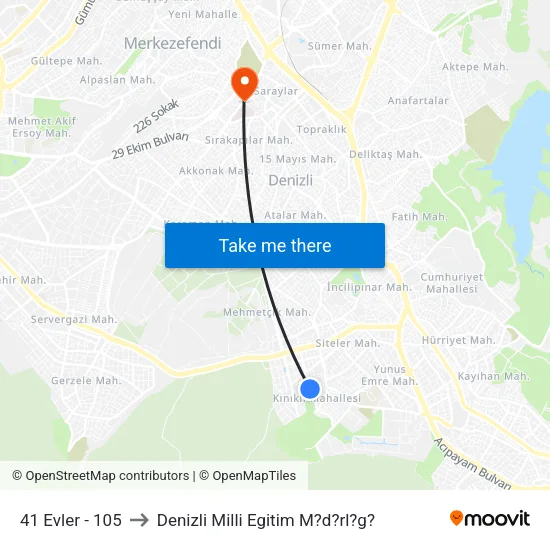 41 Evler - 105 to Denizli Milli Egitim M?d?rl?g? map