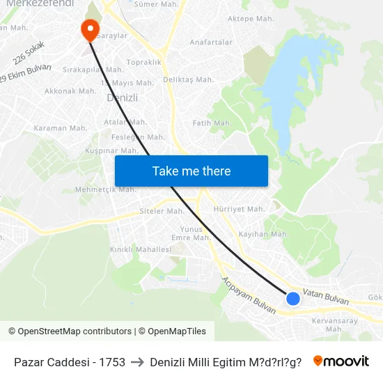 Pazar Caddesi - 1753 to Denizli Milli Egitim M?d?rl?g? map