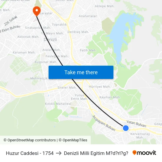 Huzur Caddesi - 1754 to Denizli Milli Egitim M?d?rl?g? map