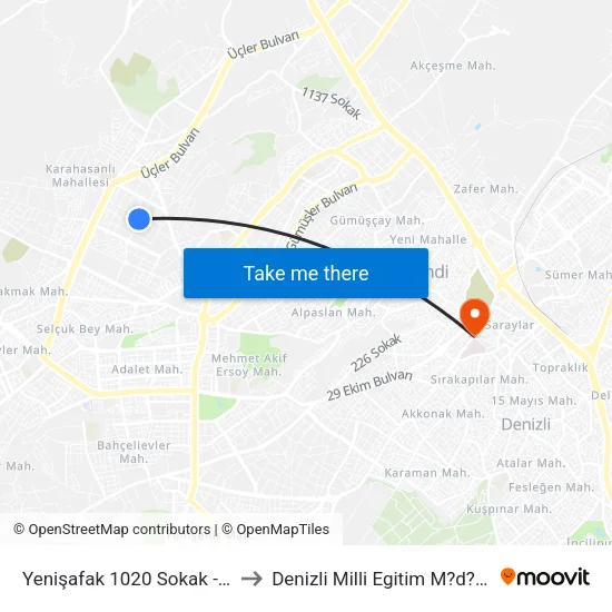 Yenişafak 1020 Sokak - 510 to Denizli Milli Egitim M?d?rl?g? map