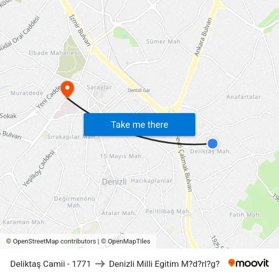 Deliktaş Camii - 1771 to Denizli Milli Egitim M?d?rl?g? map