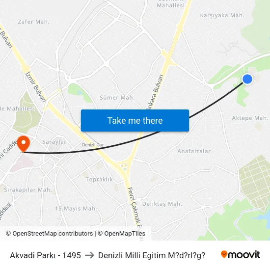 Akvadi Parkı - 1495 to Denizli Milli Egitim M?d?rl?g? map
