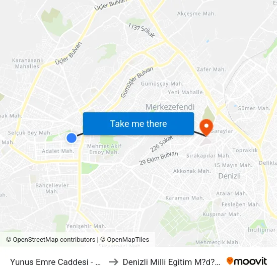 Yunus Emre Caddesi - 1807 to Denizli Milli Egitim M?d?rl?g? map