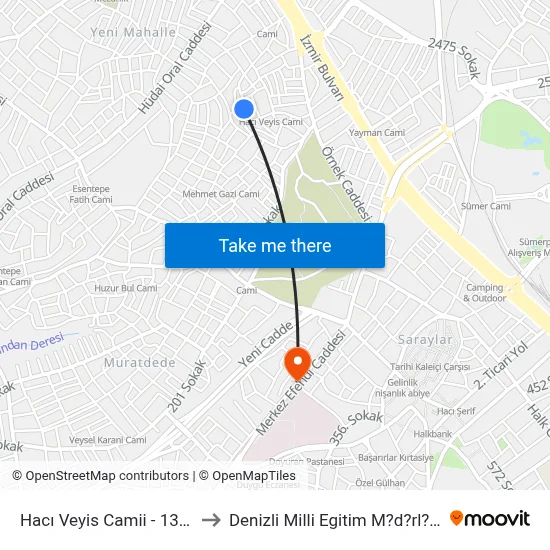 Hacı Veyis Camii - 1330 to Denizli Milli Egitim M?d?rl?g? map