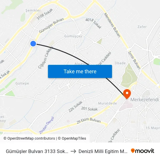 Gümüşler Bulvarı 3133 Sokak - 1830 to Denizli Milli Egitim M?d?rl?g? map