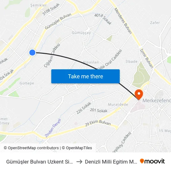 Gümüşler Bulvarı Uzkent Sitesi - 1832 to Denizli Milli Egitim M?d?rl?g? map
